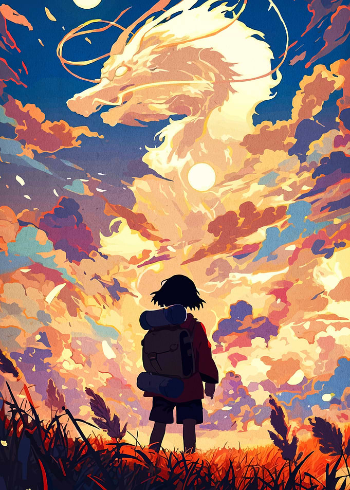 Child, Dragon, and Sunset Sky