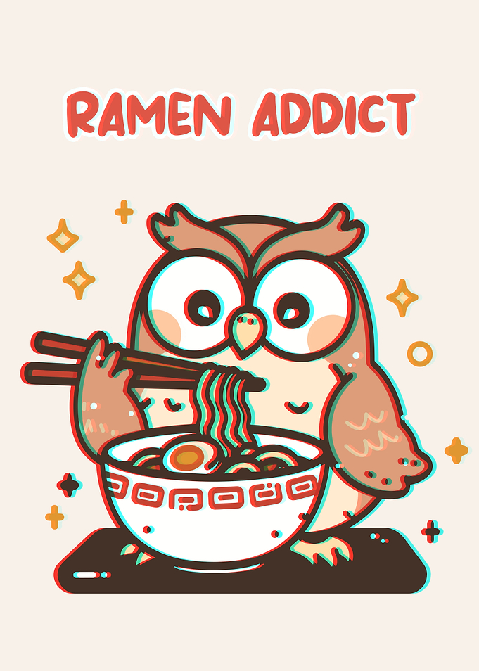 Ramen Addict Owl Cartoon Illustration