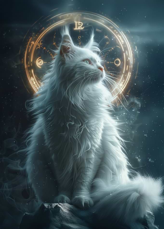 Mystical White Cat with Clock Aura