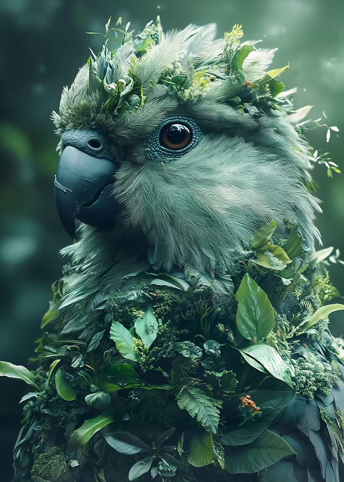 Parrot covered in plants and leaves