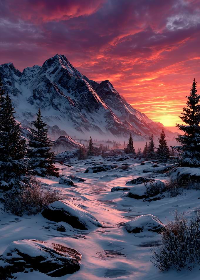 Snowy Mountain Sunset Landscape