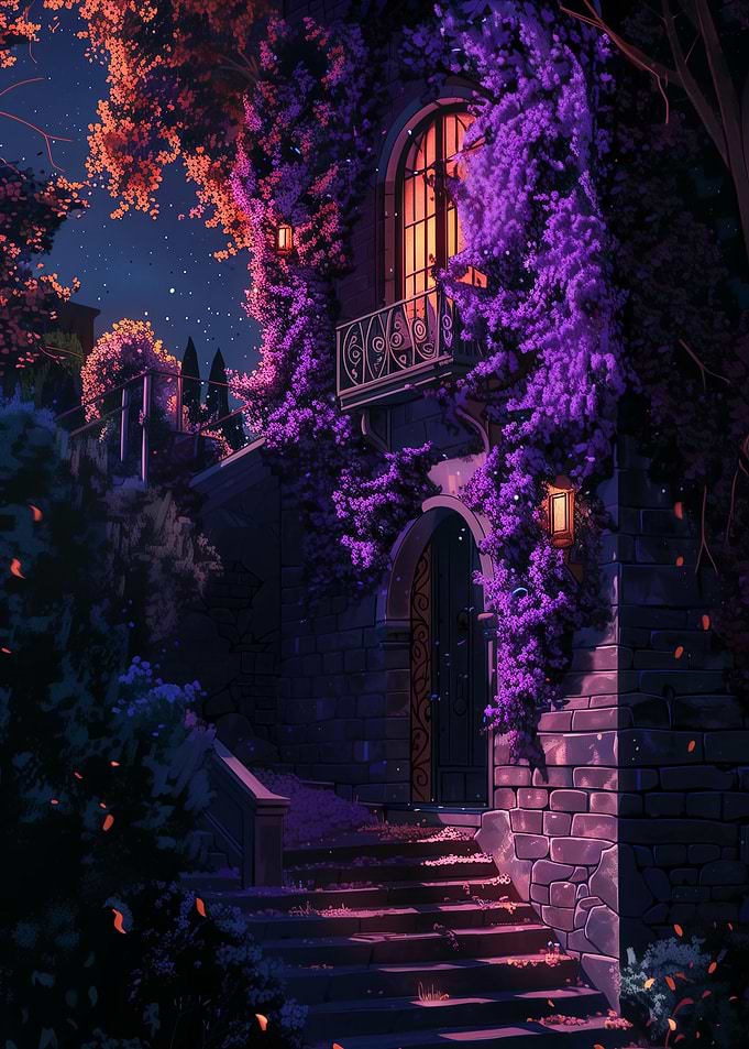Nighttime Villa with Purple Flowers