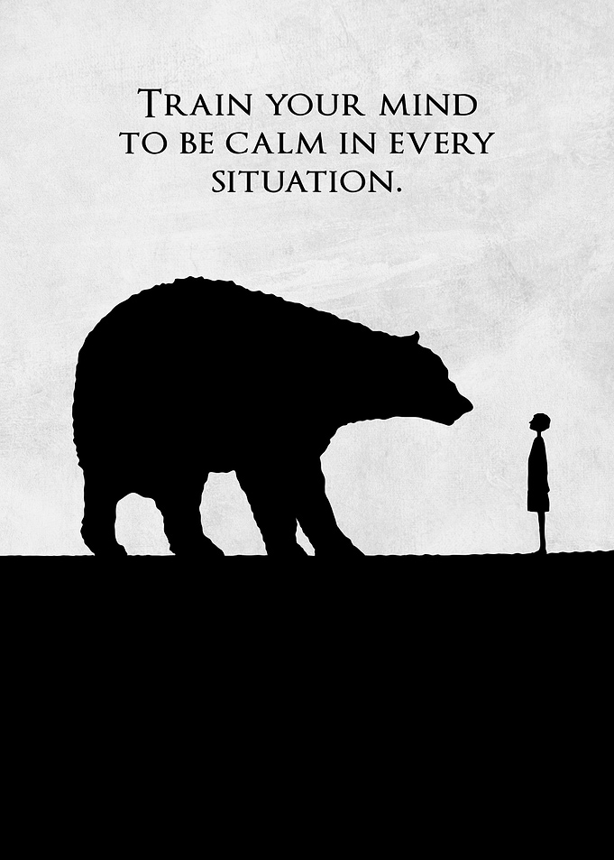 Minimalist Boy vs Bear Silhouette Poster – “Train Your Mind to Be Calm” Quote