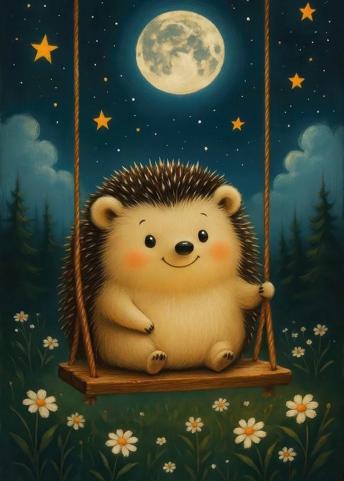 Cute Hedgehog on Swing at Night