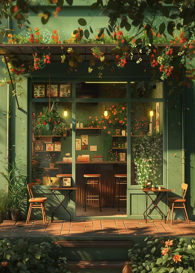 Charming Green Cafe with Floral Decor