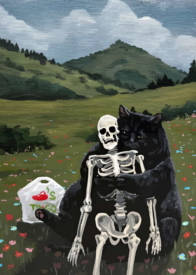 Cat, Skeleton, and Chili's To-Go