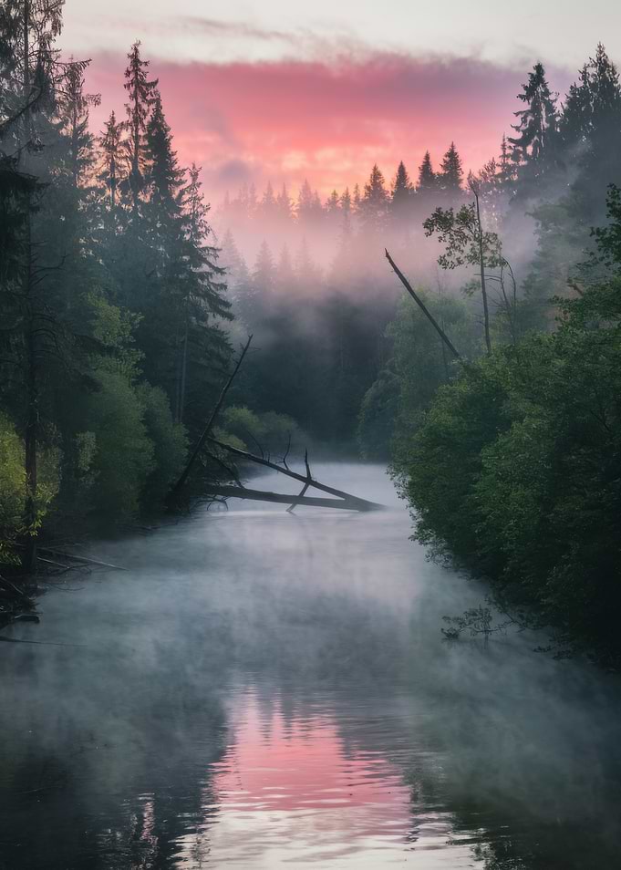Misty River at Sunset