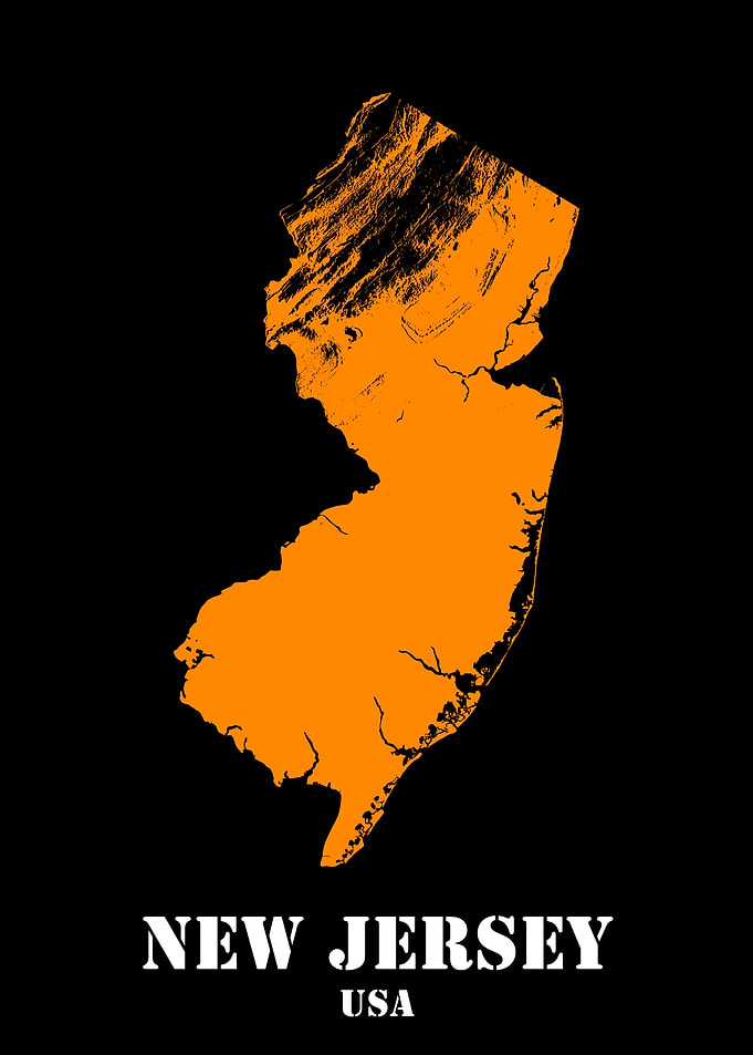 New Jersey USA State Minimalist Black Orange Topographic Contour Relief Map featuring terrain in orange color