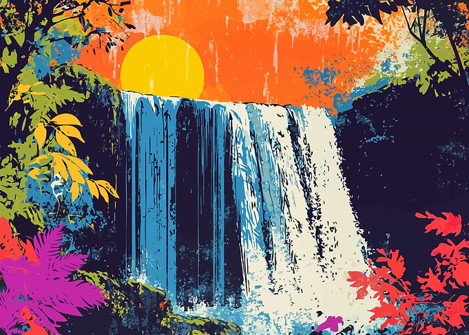 Colorful Tropical Waterfall Landscape Minimalist Abstract Illustration Art