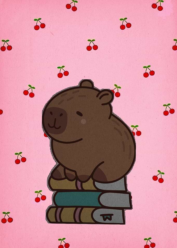 Capybara on Books with Cherry Background