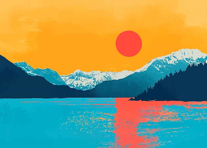 Mountain Lake Sunset Abstract Minimalist Illustration Art