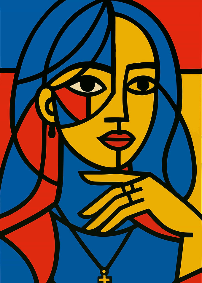Picasso Style Cubist Woman with Cross Necklace