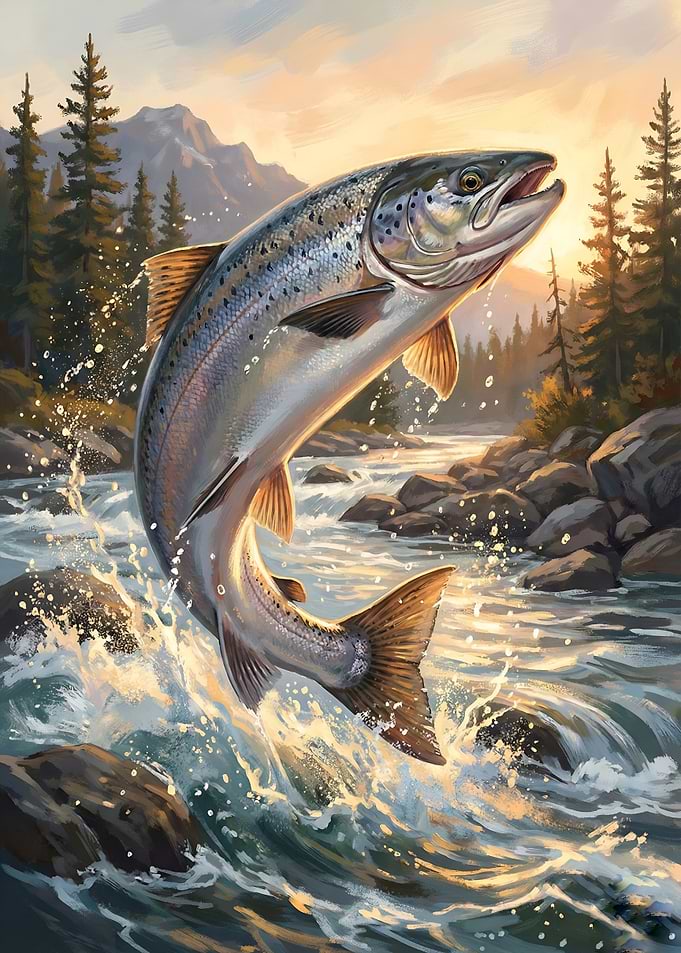 Salmon leaping from river painting