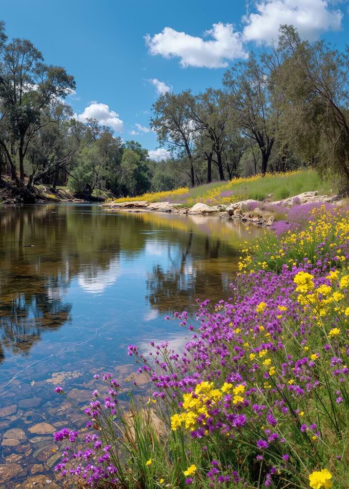 Riverbank With Wildflowers in Spring