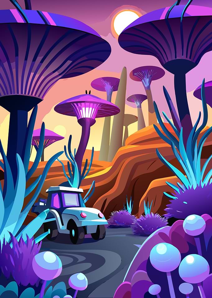 Vibrant Alien Bloom Expedition with Advanced Rover Metal Wall Print Art