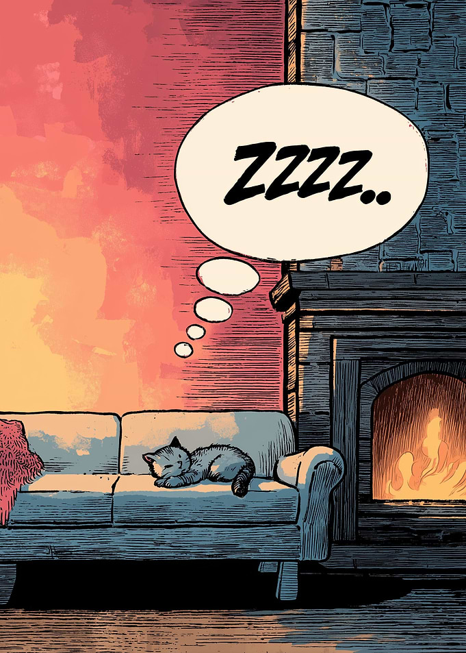 Sleeping Cat by Fireplace Comic Art