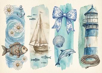 Watercolor Nautical Elements Collage