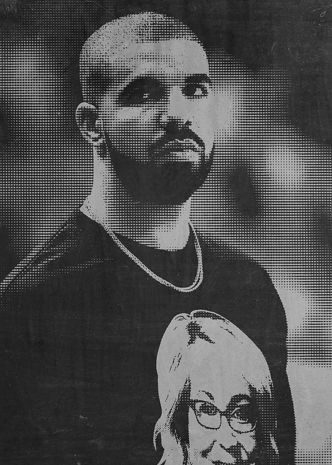 Drake halftone portrait with woman on shirt