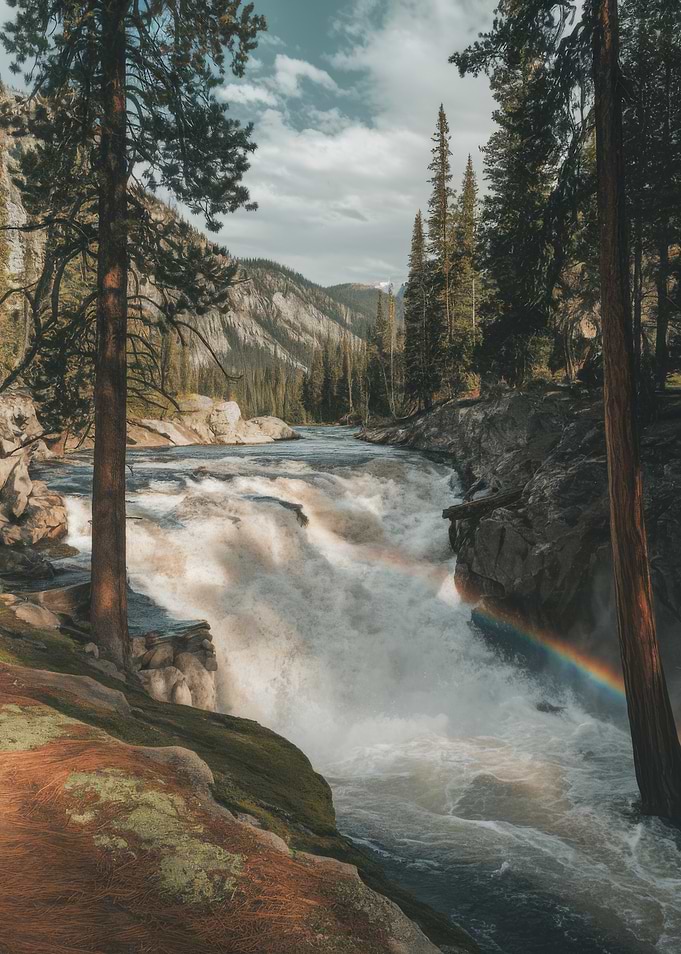 Waterfall with Rainbow in Forest