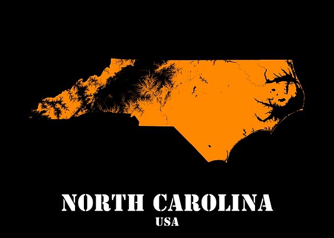 North Carolina USA State Minimalist Black Orange Topographic Contour Map featuring terrain in orange color