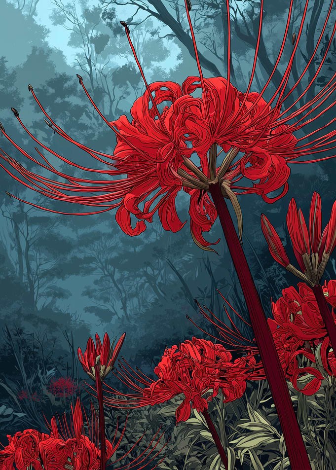 Red Spider Lilies in a Forest