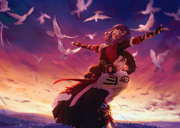 Anime Couple with Doves at Sunset