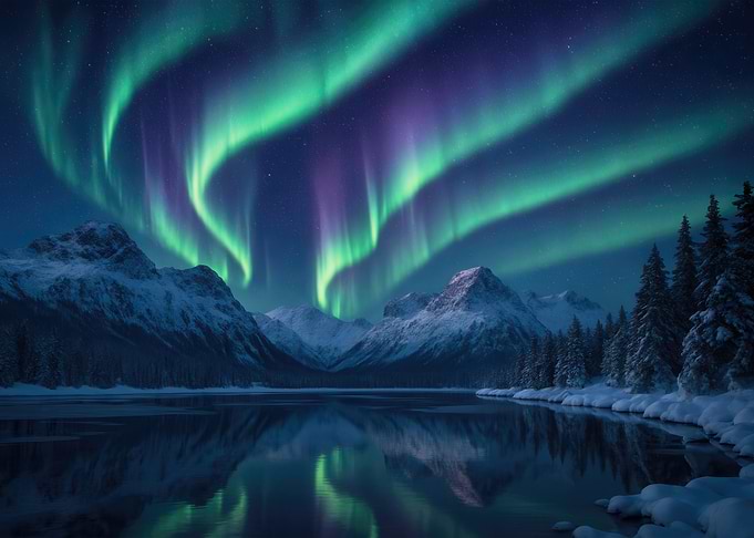 Aurora Borealis over Snowy Mountains