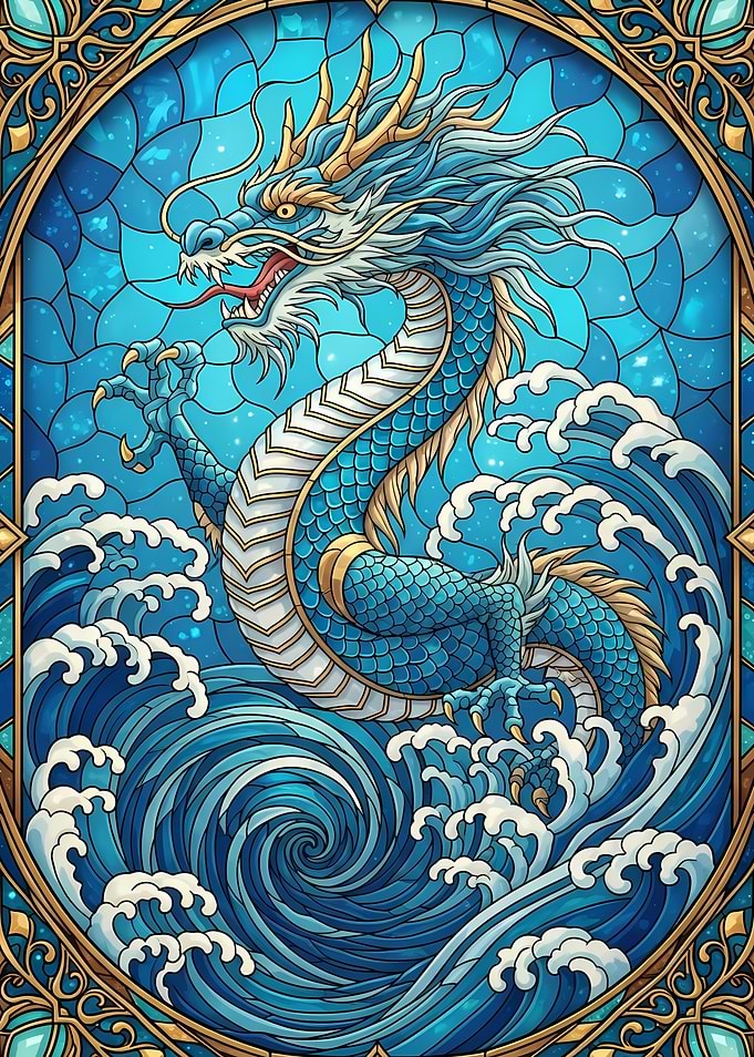 Blue Dragon in Ocean Stained Glass