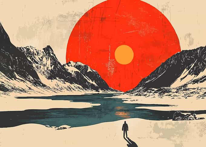 Cold Snow Mountains and a Lone Man Minimalist Art Illustration