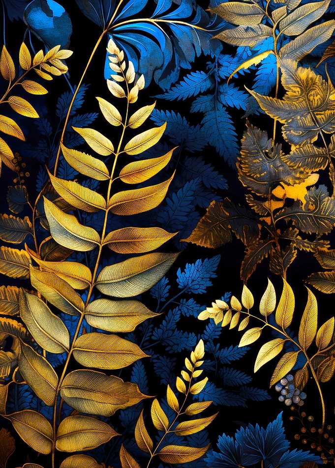 Golden and Blue Botanical Pattern