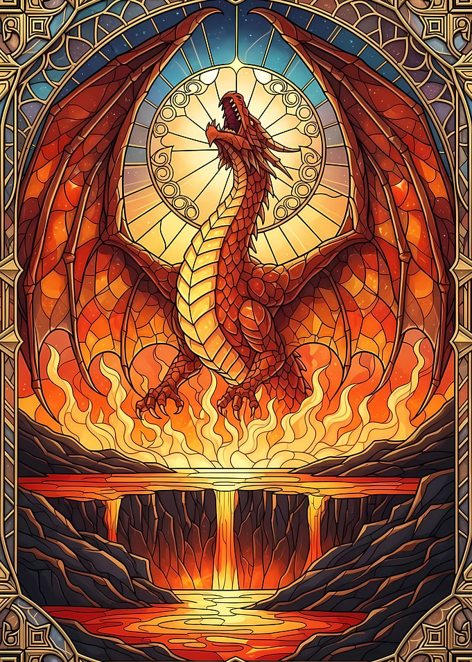 Stained Glass Dragon over Lava