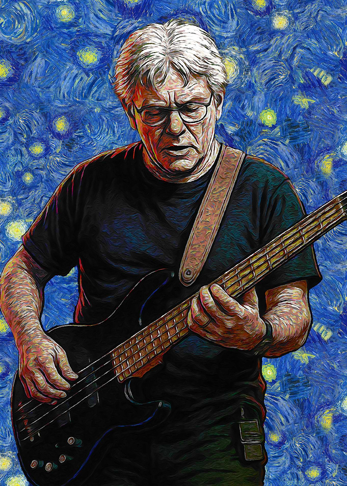 Musician Playing Bass Guitar in Starry Night