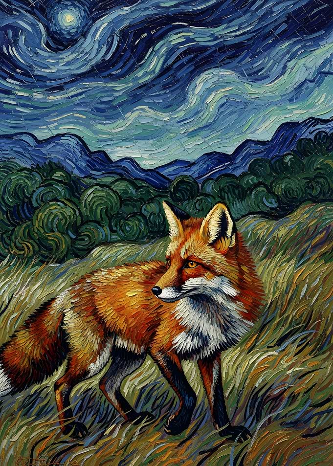 Fox in Starry Night Style