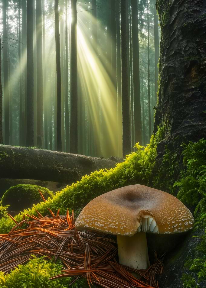 Mushroom in a sunlit forest