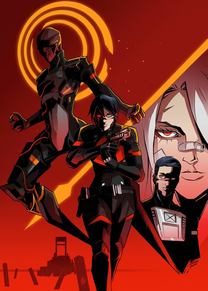 Futuristic Characters in Red and Black