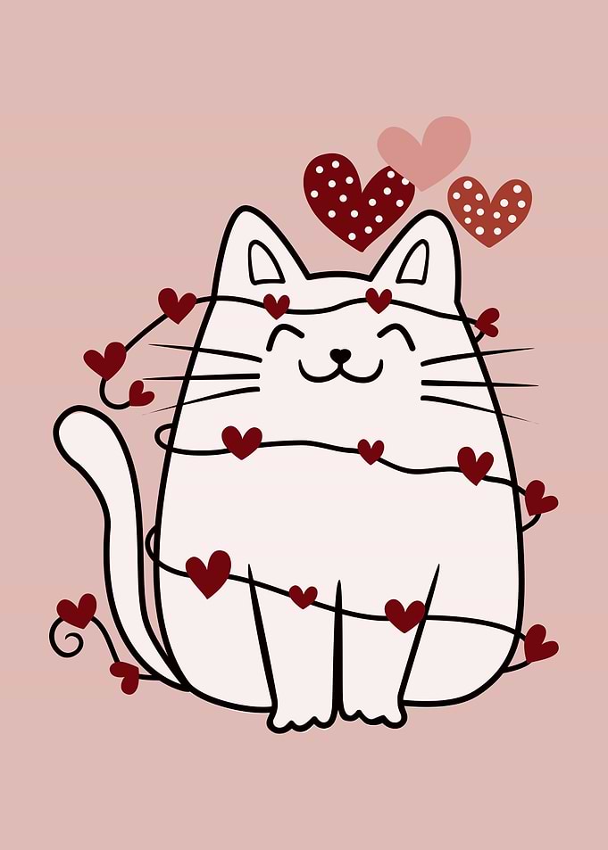 Cute Valentine Cat with Hearts Illustration