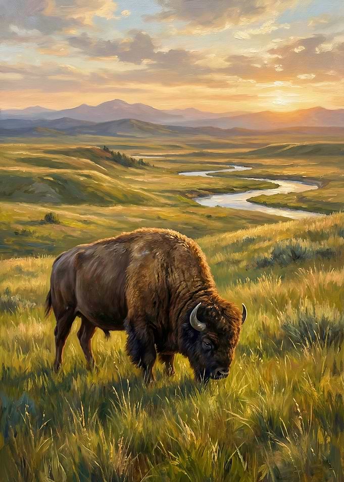 Bison Grazing at Sunset Painting