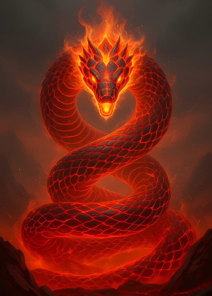 Fiery Serpent Coiled in a Dark Landscape
