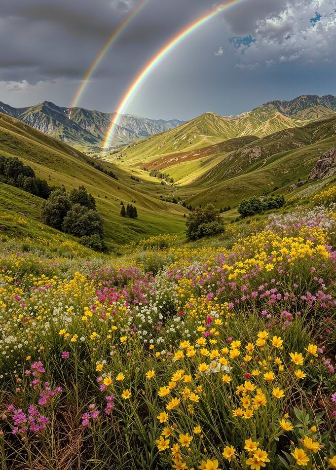 Spring Meadow with Double Rainbow