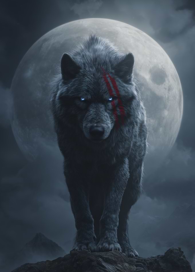 Wolf with Scars and Full Moon