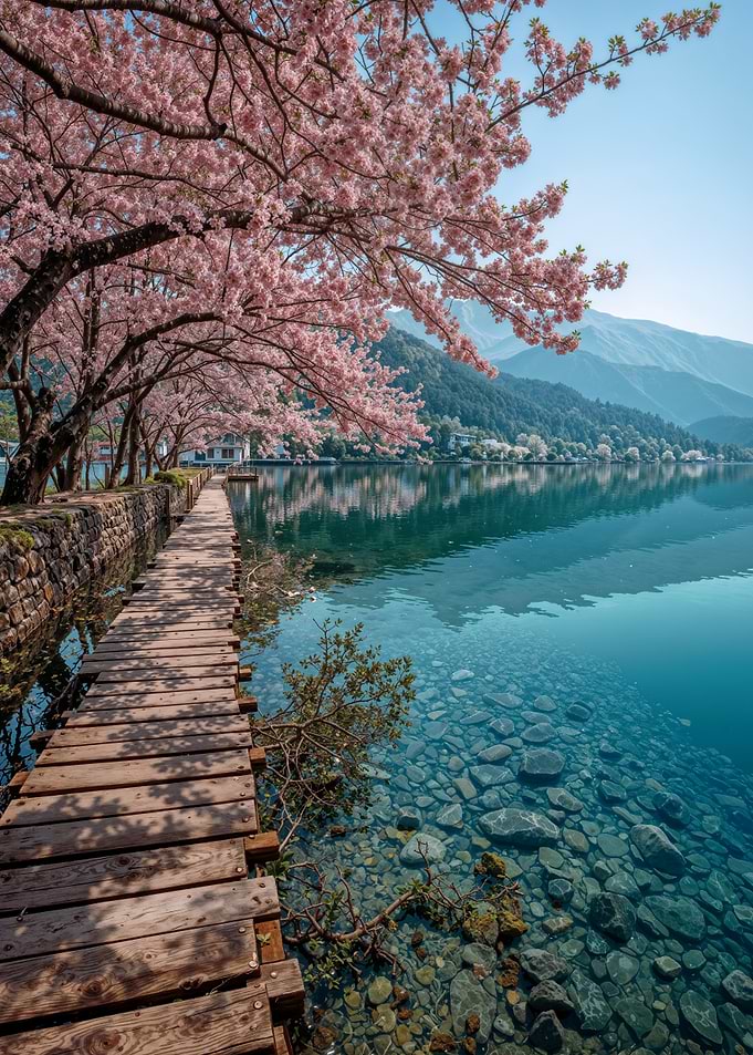 Spring Cherry Blossoms over Lake