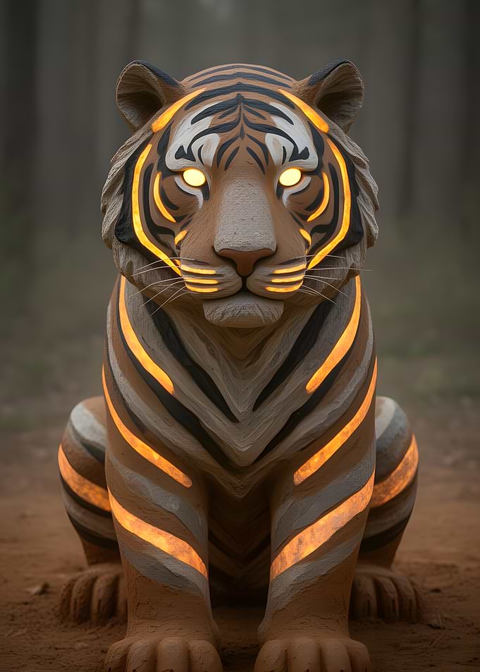 Glowing Tiger Statue in Forest