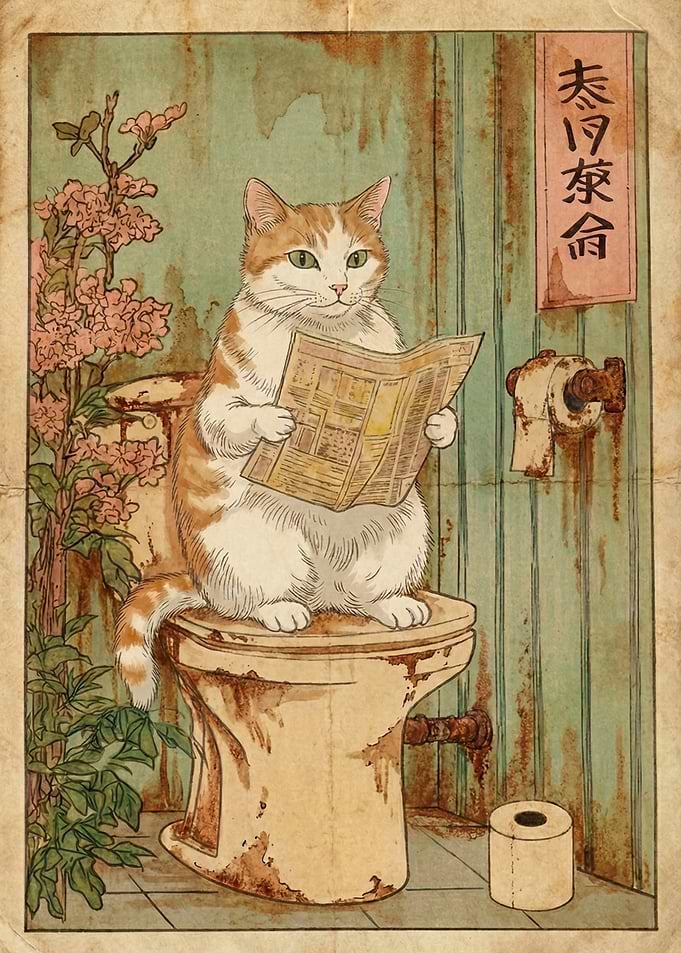 Japanese Cat Reading Newspaper on Toilet