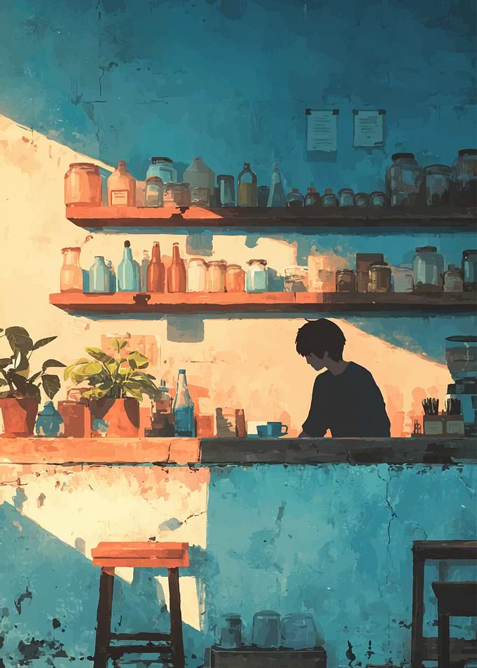 Cafe Interior with Figure and Shelves