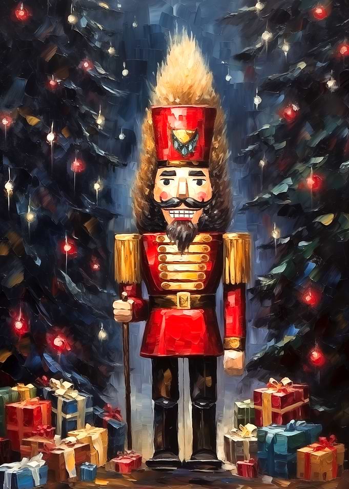 Nutcracker with Christmas Trees and Gifts