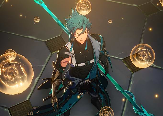 Anime Character with Spear and Orbs