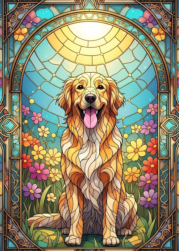 Stained Glass Golden Retriever Portrait
