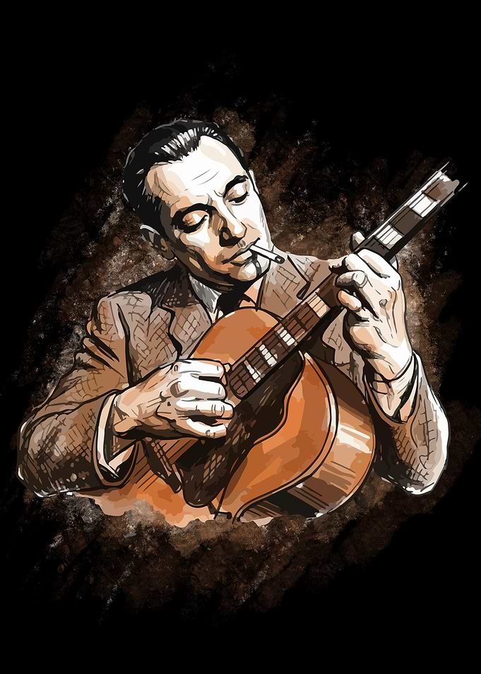 djanggo reinhardt Playing Guitar with Cigarette