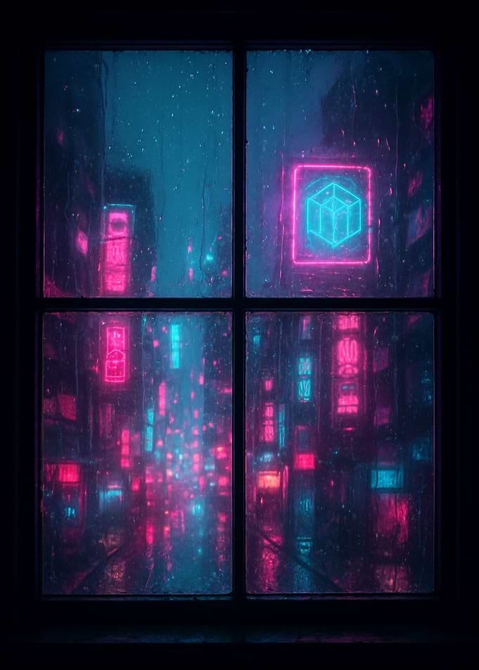 Rainy Cyberpunk City View Through Window