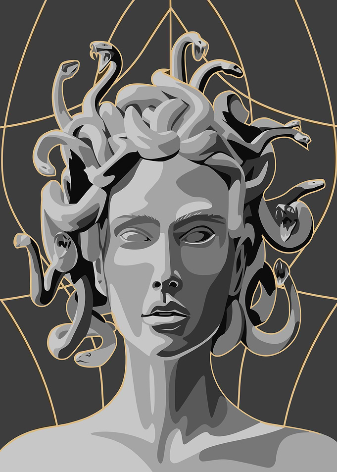 Medusa Portrait with Geometric Background